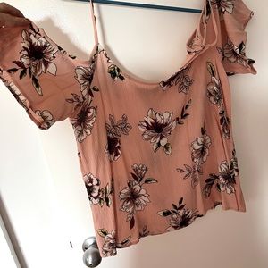 Be Cool large cold shoulder peachy-pink floral top